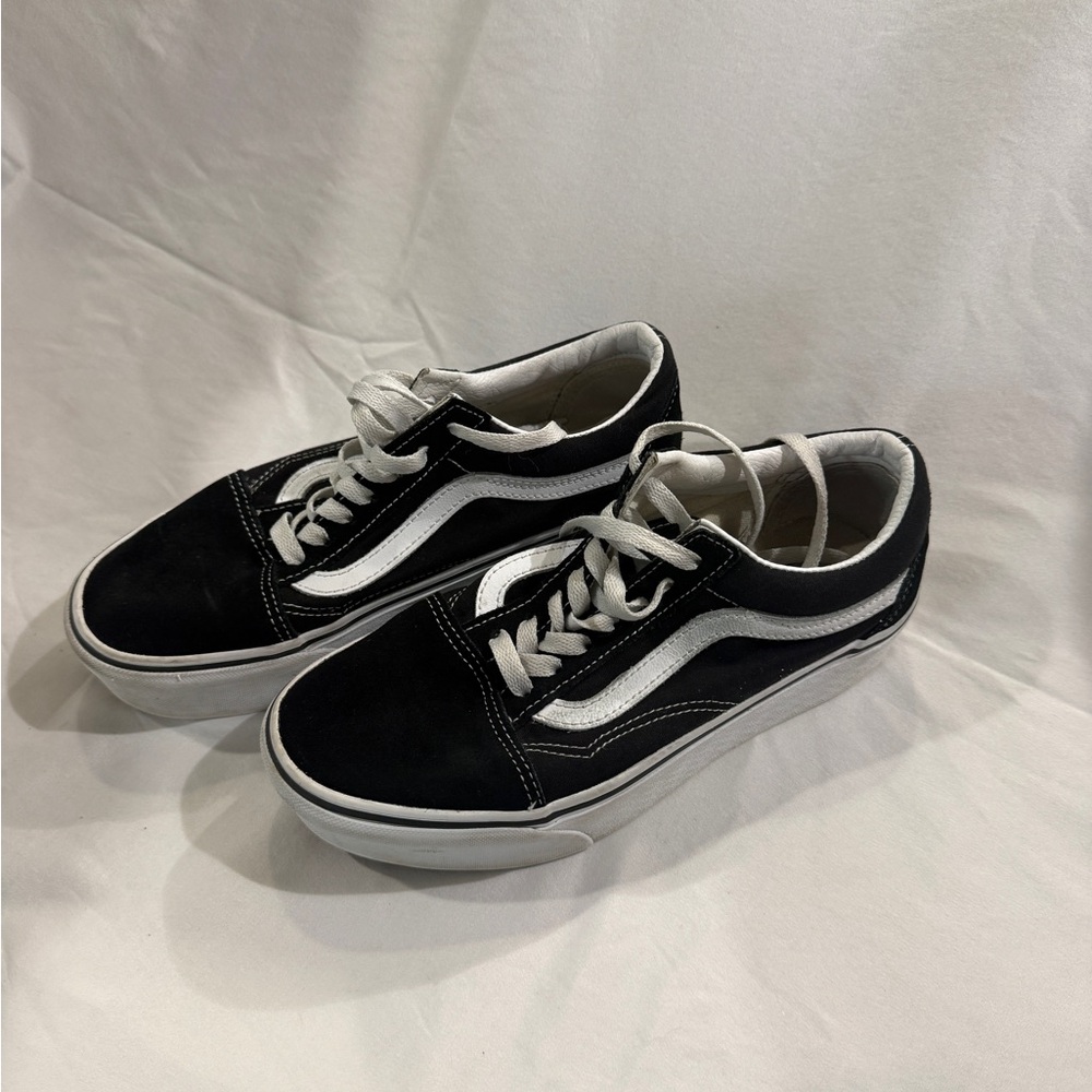 Classic Black & White Platform Vans, Womens 7.5